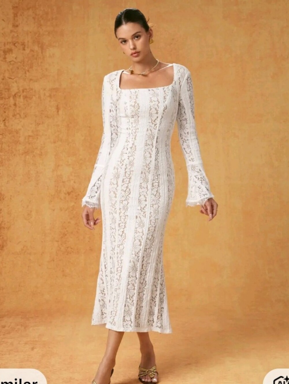 Cider White Floral Lace Square Neck Bell Sleeve Dress